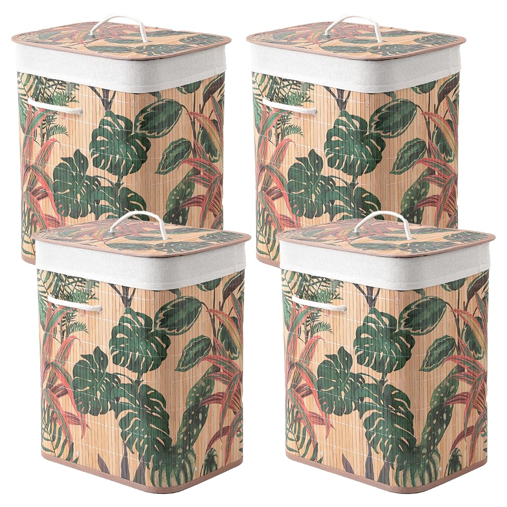 USHA SHRIRAM Foldable Bamboo Laundry Basket With Lid | Sustainable & Eco-Friendly | Travel Essential | Printed Laundry Basket | Easy To Carry | Color Natural (60 L) (4 Pcs, Rectangular)