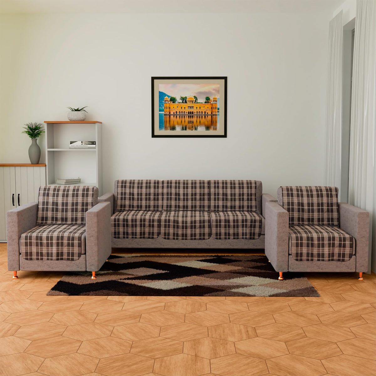 Kuber Industries Sofa Cover | Jute 5 Seater Sofa Covers | Couch Cover for Home Décor | Sofa Cover for Hall | Check Design Sofa Cover | Sofa Cover Set for Living Room | Dark Brown