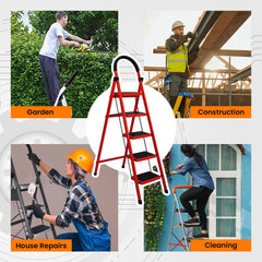 Cheston Foldable GI Steel 5-Steps Home Ladder | 5.6 Feet Anti-Skid Step Ladder with Wide Pedal & Hand Grip | Shock-Resistant Foldable Ladder for Home Use | Supports 150+ Kgs | Red 5 Step (5 Step)