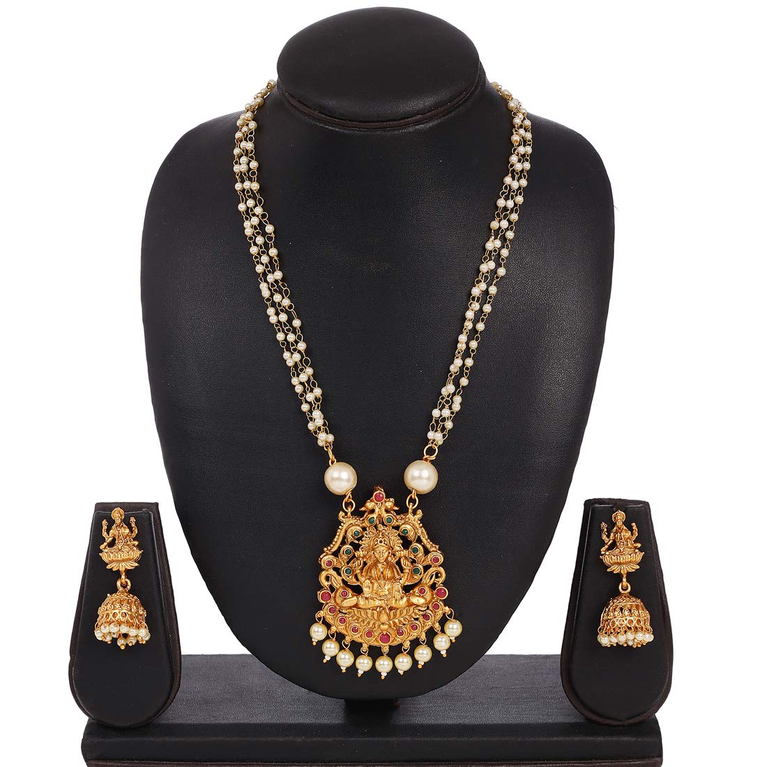 Yellow Chimes Ethnic Temple Jewellery Set Gold Plated Lakshmi Haram Jewelry Set Traditional Moti Necklace Set for Women & Girls