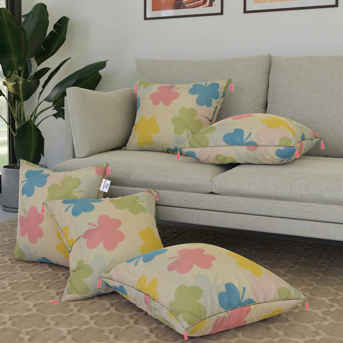 Heart Home Cushion Cover | Square Cushion Covers | Cotton Cushion Covers | Multi-Flower Design Cushion Covers with Tassels | Set of 5 | 16 Inch | Cream