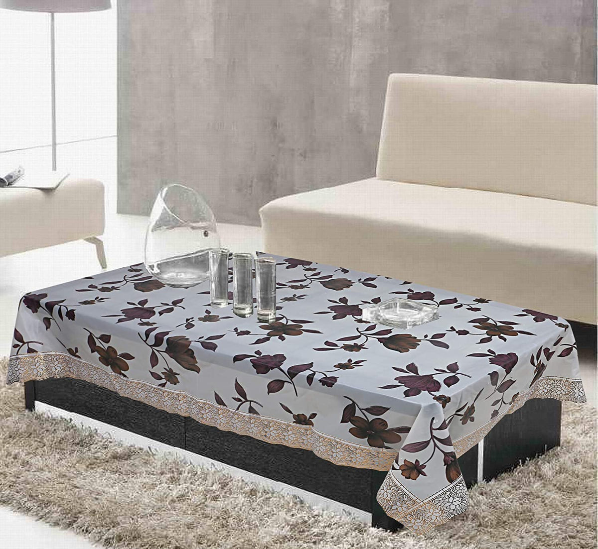 Kuber Industries Floral PVC 4 Seater Centre Table Cover - Cream