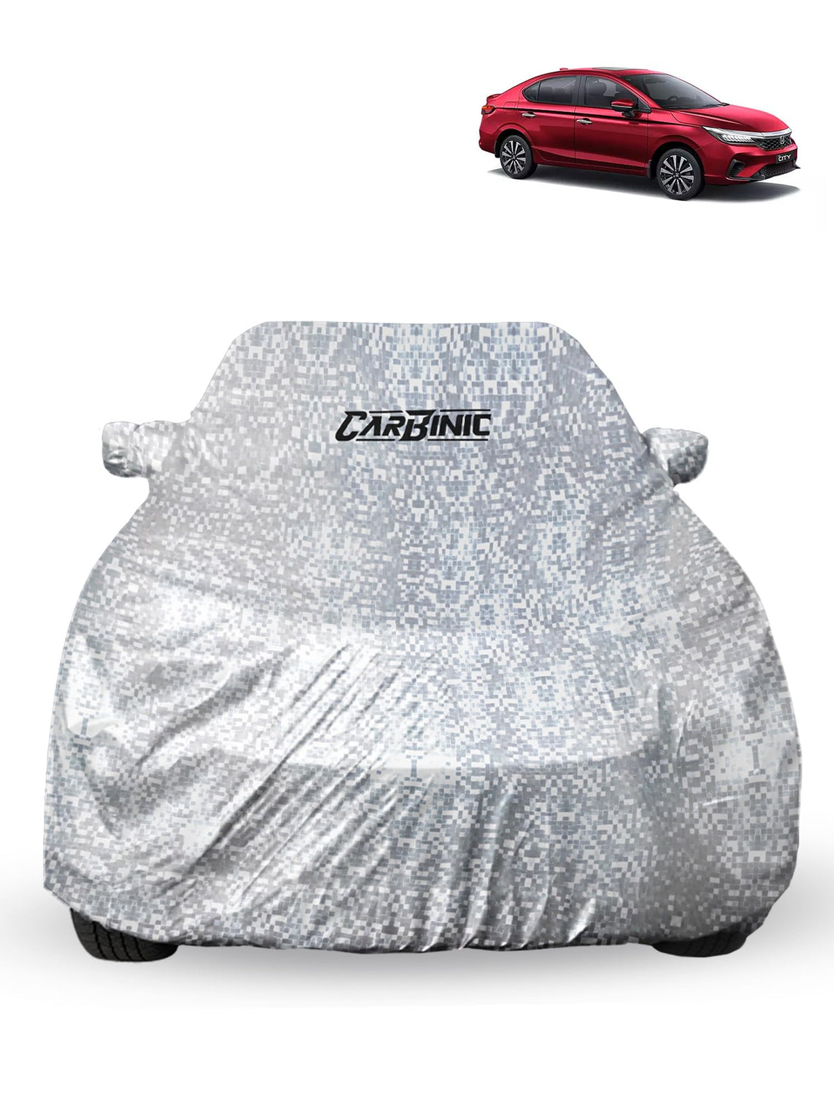 CARBINIC Car Cover for Honda City2020 Waterproof (Tested) and Dustproof Custom Fit UV Heat Resistant Outdoor Protection with Triple Stitched Fully Elastic Surface | Silver with Pockets