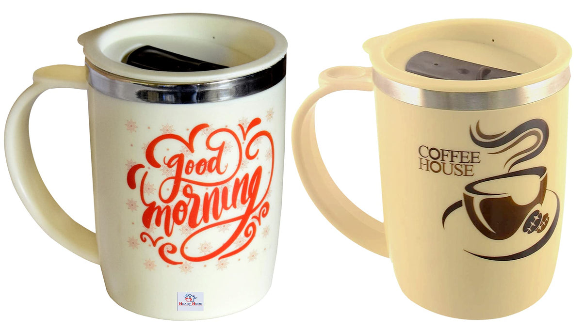 Heart Home Insulated BPA Free Plastic Coffee Mug with Lid, Pack of 2 (Cream & Coffee)