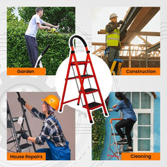 Cheston Premium MS Steel 4-Step Foldable Home Ladder - 5.1' FT Anti-Skid with Wide Pedal, Hand Grip, and Sturdy Construction, Supports Over 150 Kgs (Red+Black)