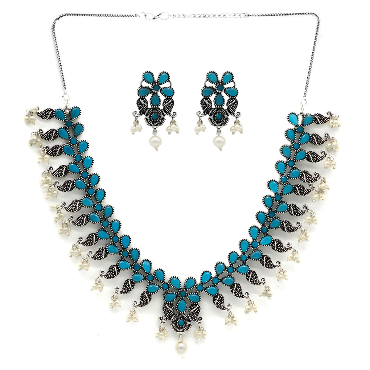 TEEJH Niranjana Light Blue Stone Silver Oxidized Necklace Set For Women