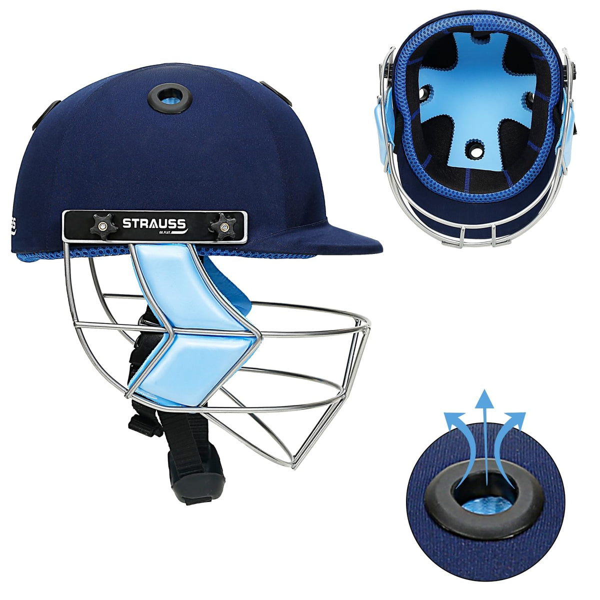 Strauss Cricket Helmet | Steel Grill | Edition: Classic | Size: Medium | Age: 15+yrs | Color: Blue | for Men, Women | Lightweight | Advance Protection | Leather Ball Cricket Helmet