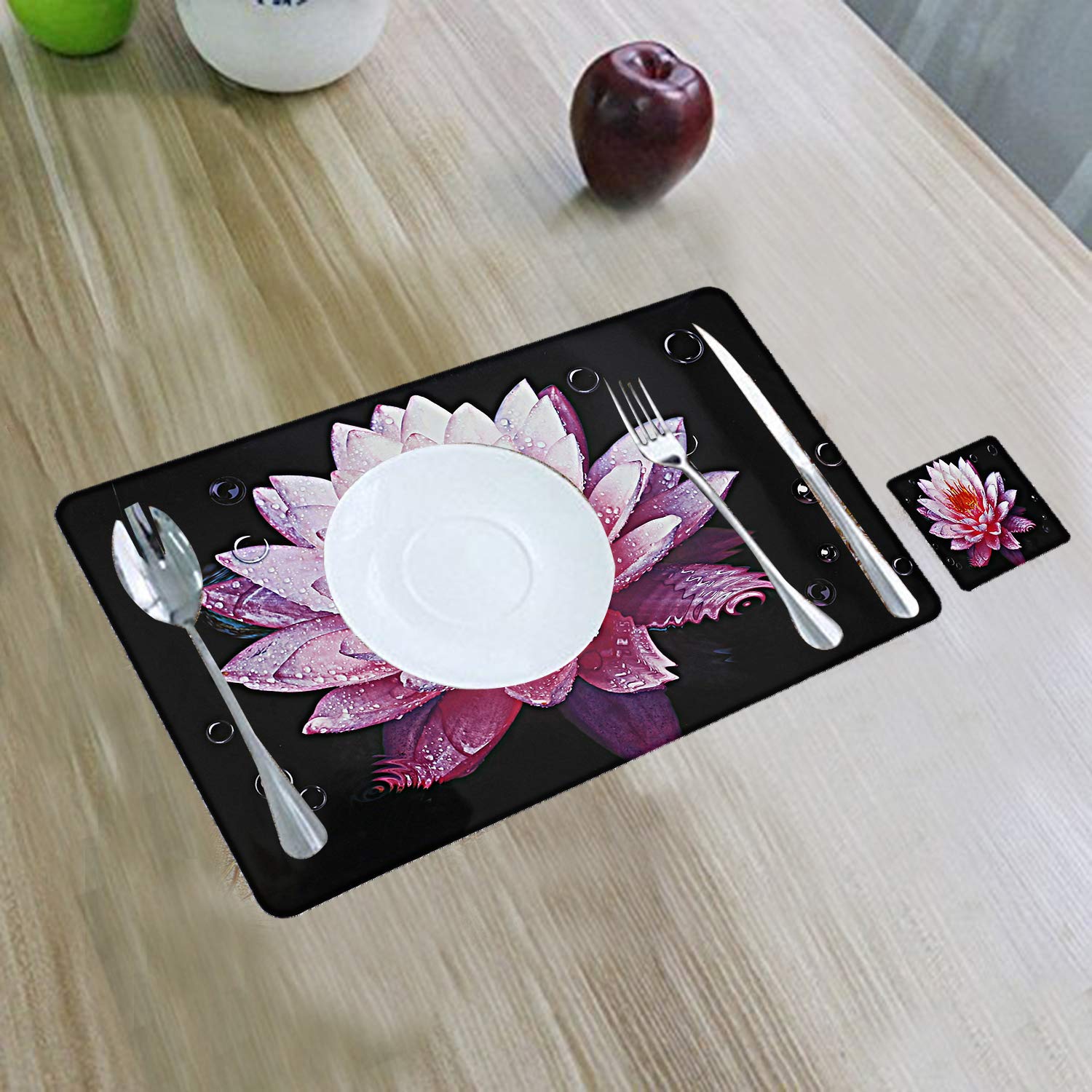 Kuber Industries Lotus Design PVC Dining Table Placemat Set with Tea Coasters (Multicolour) - 6 Pieces