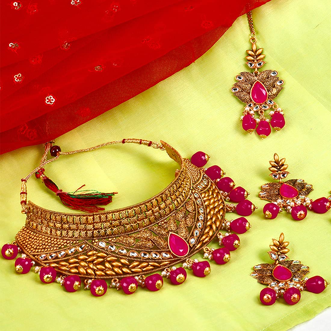 Yellow Chimes Gold Plated Traditional Kundan Studded Pink Pearl Choker Necklace Set with Chandbali Earrings and Maang Tikka Bridal Jewellery Set for Women (YCTJNS-09BDSCHK-PK, Gold, Pink, Medium)