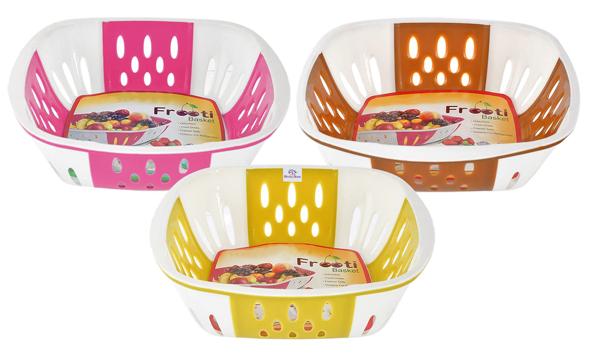 Heart Home Large Plastic Fruit, Vegetable Storage Basket- Pack of 3 (Pink & Brown & Green)-HS42KUBMART25409