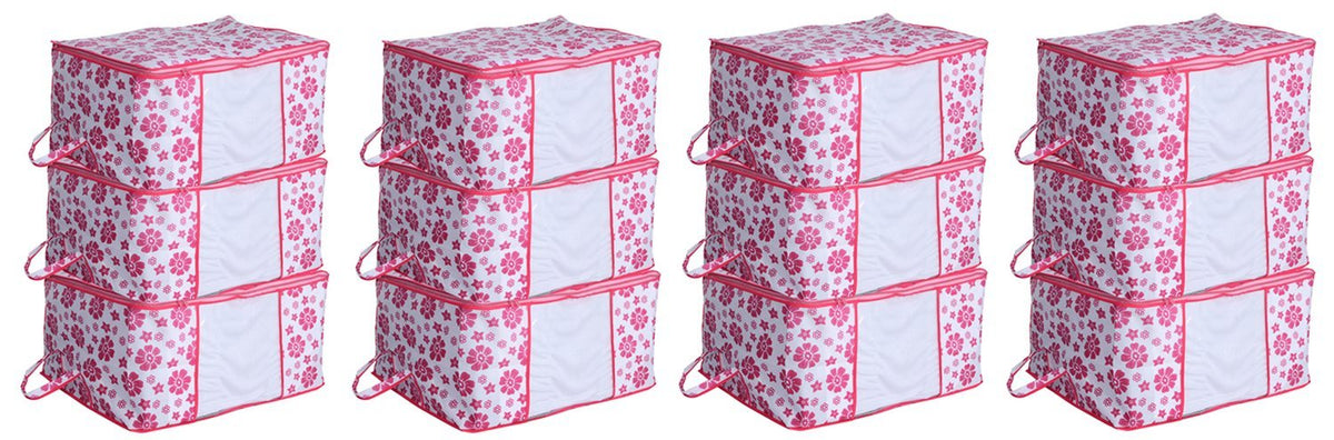 Kuber Industries Floral 12 Piece Non Woven Underbed Storage Organiser Set, Pink