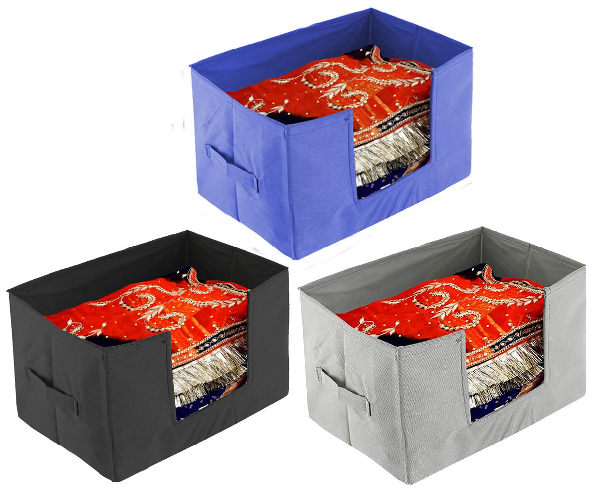 Kuber Industries 3 Pieces Large Capacity Space Saver Closet, Stackable and Foldable Saree, Clothes Organiser (Grey & Black & Royal Blue) -CTKTC39415
