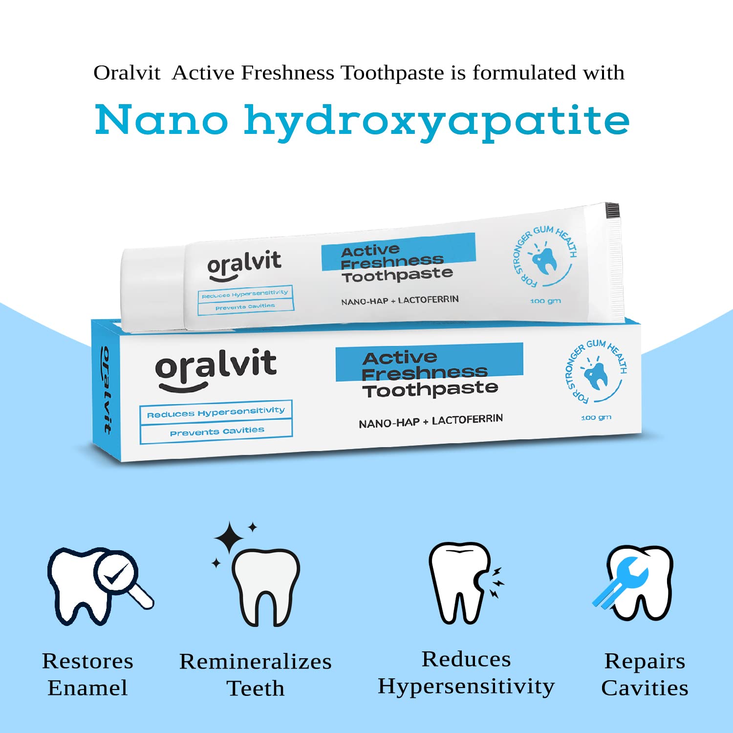 Oralvit Active Freshness Toothpaste with Nano-HAP & Lactoferrin | Daily Germ Protection| Cavity Repair | Daily Germ Protection | Eliminates Bad Breath- 100gm (Pack of 3)