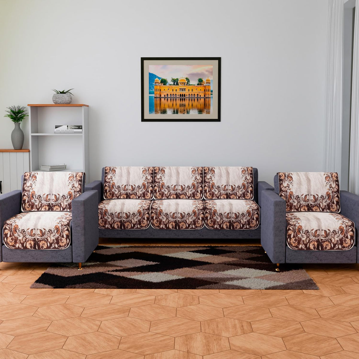 Heart Home Sofa Cover Set | Sofa Slip Cover Set | Brown Flower Sofa Cover | Velvet 5 Seater Couch Cover | Sofa Slipcover Set | Sofa Cover for Living Room | Cream