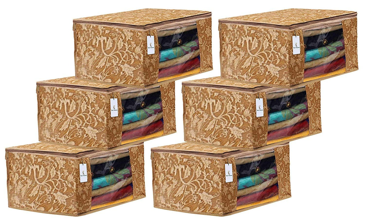 Kuber Industries Metalic Printed 6 Piece Non Woven Fabric Saree Cover Set with Transparent Window, Extra Large, Beige-CTKTC31901