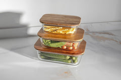 The Better Home Borosilicate Glass Containers with Wooden Lid, 3 pcs Set, Borosilicate Glass, Rectangle Shape, Transparent, Microwave Safe, 370ml, 640ml,1050ml