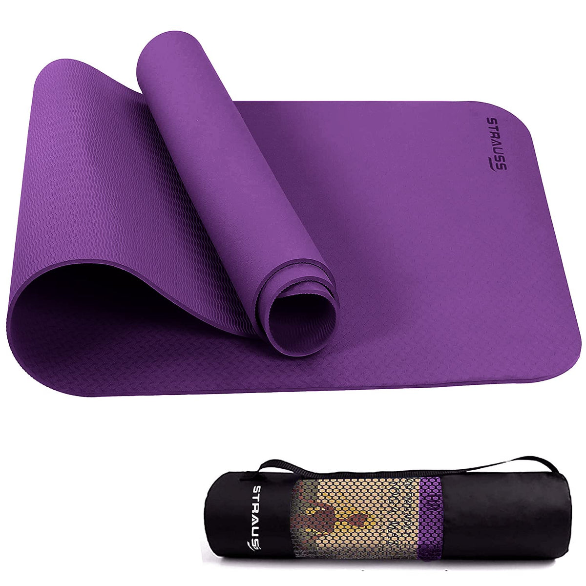 Strauss TPE Eco-friendly Yoga Mat with Carry Bag |Anti-Slip Exercise & Fitness Yoga Mat for Men & Women|Home & Gym Mat for Workout, Yoga,Pilates & Floor Exercises|Sizes: 4mm/6mm/8mm,(Purple)