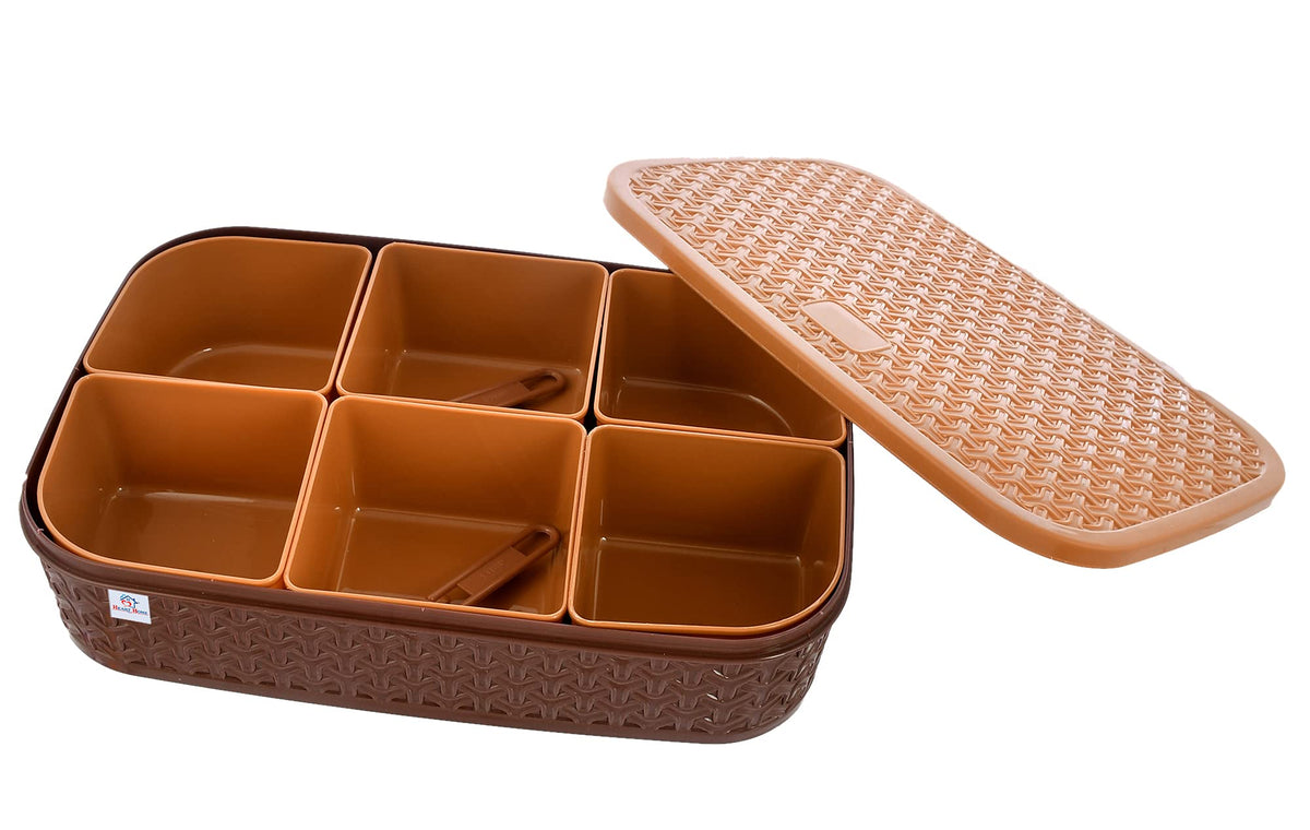 Heart Home BPA Free Plastic Masala Box with 6 Containers & 2 Spoons (Coffee)
