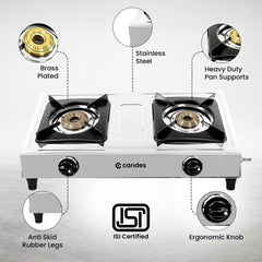 Candes Stainless Steel Stove | 2 Automatic Ignition Burner |LPG Compatible |ISI Certified | 1 Year Warranty | Silver (2 Burner- Stainless steel)