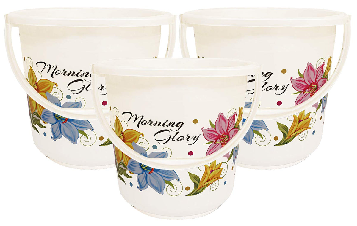Kuber Industries Floral Print 3 Pieces Unbreakable Strong Plastic Bathroom Bucket 16 LTR (White) -CTKTC042832