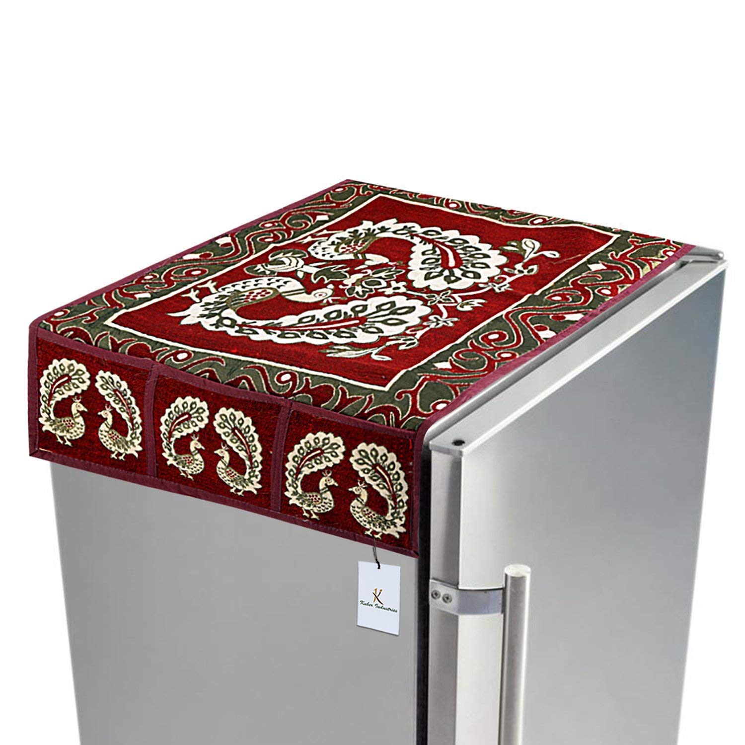 Kuber Industries Fridge Top Cover|Traditional Peacock Design & Cotton Material|6 Utility Side Pockets With Plain Border|Size 94 x 54 CM, Pack of 1 (Red)
