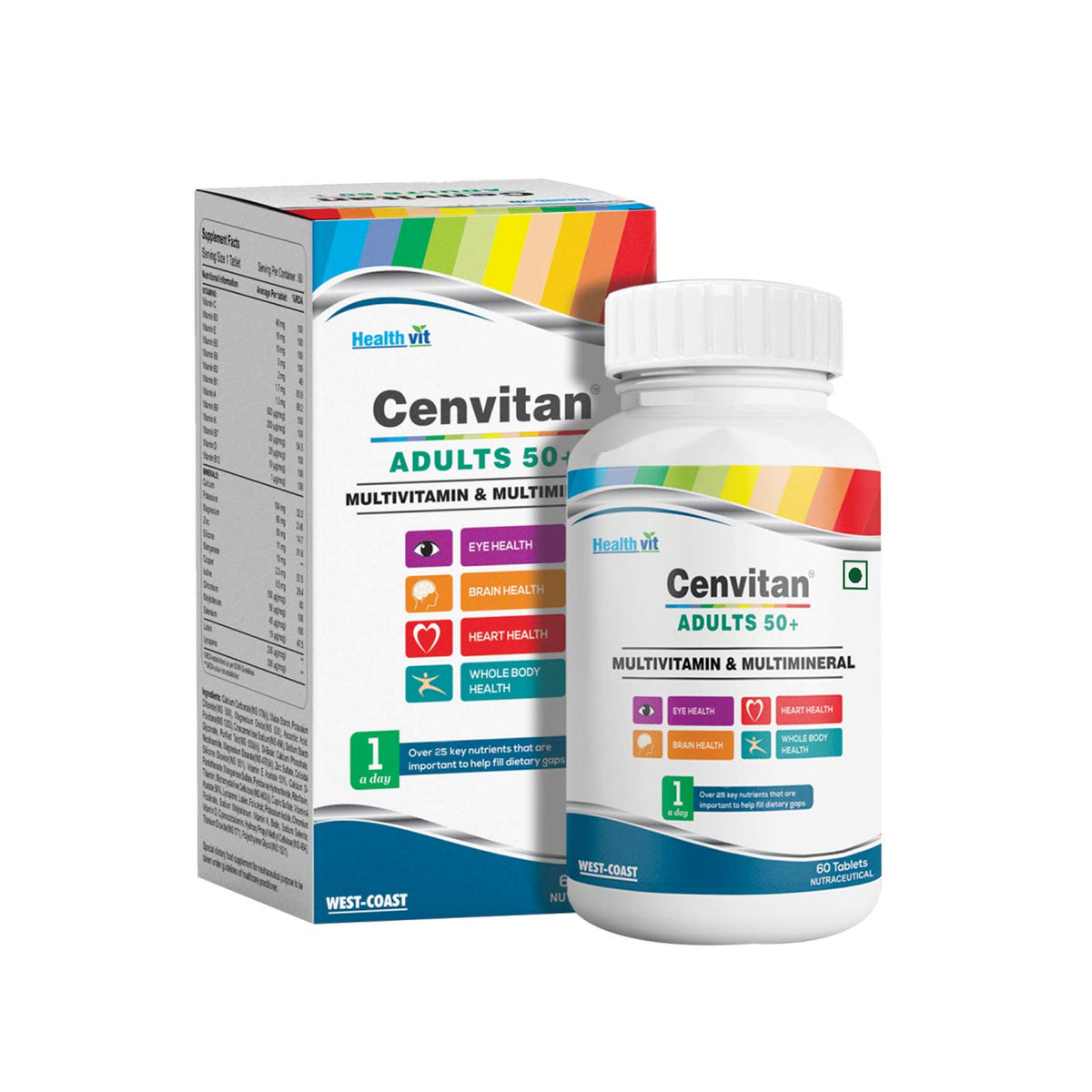 Healthvit Cenvitan Adults 50+ Multivitamin & Multimineral with 25 Nutrients (Vitamins and Minerals) | Eye Health, Heart Health, Brain Health and Whole Body Health - 60 Tablets