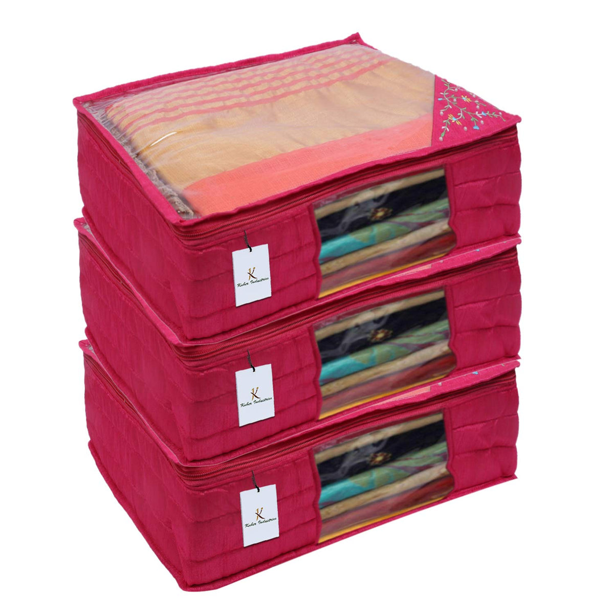 Kuber Industries 3 Layered Quilted Silk 3 Pieces Saree Cover (Pink) -CTKTC024679