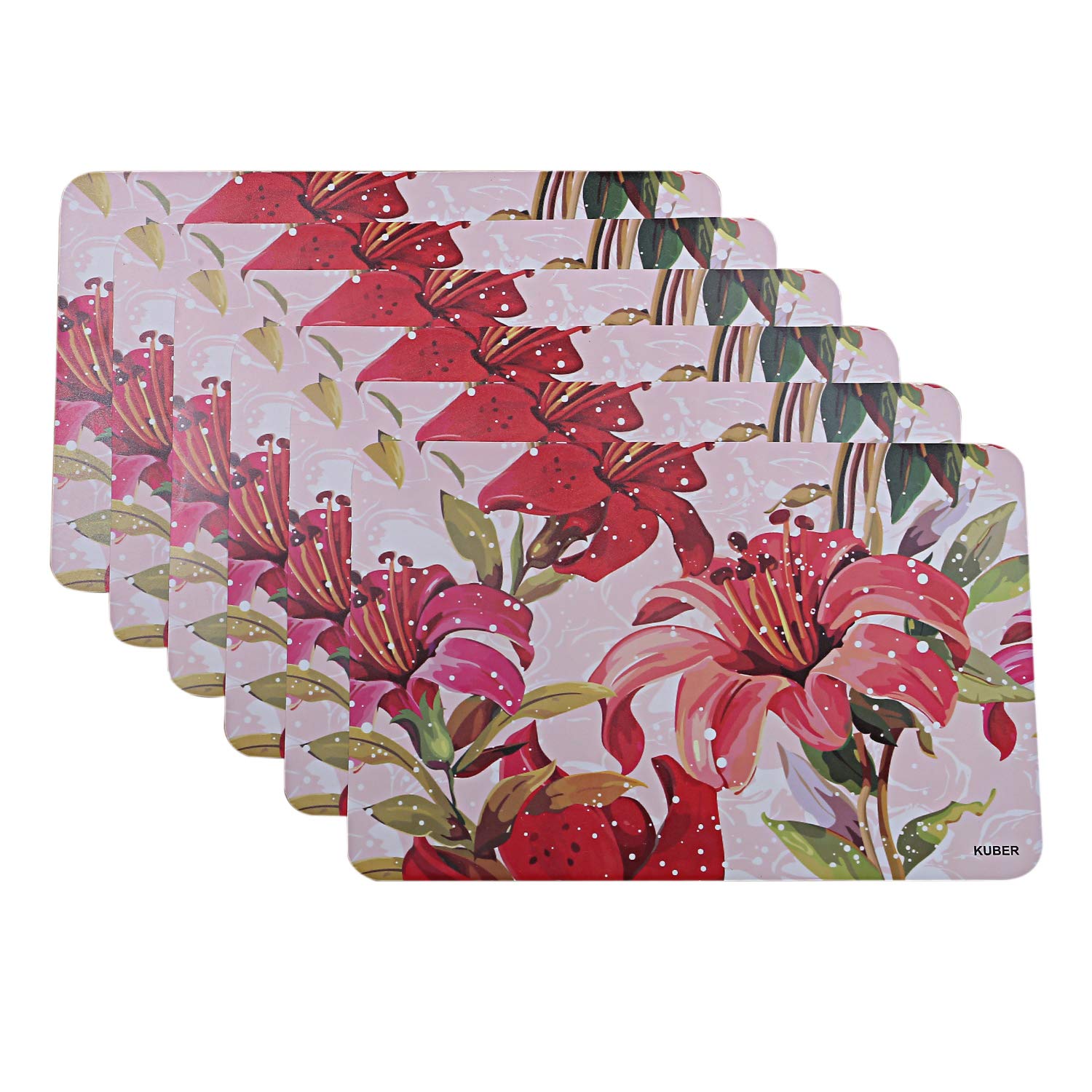 Kuber Industries Flower Design PVC 6 Pieces Dining Table Placemat Set (Pink, Ctktc13698, Standard, Polyvinyl Chloride)