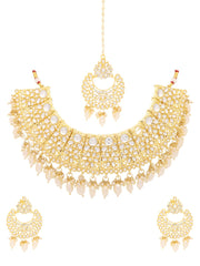 Yellow Chimes Jewellery Set for Women Kundan Studded Trditional White Beads Drop Broad Choker Necklace Set with Earrings for Women and Girls