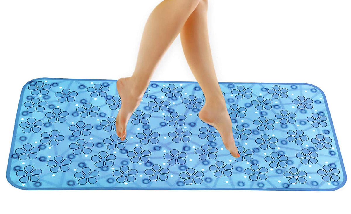 Kuber Industries Flower Design PVC Non Slip Bath Mat with Suction Cups 27"x14" (Blue)-CTKTC32662