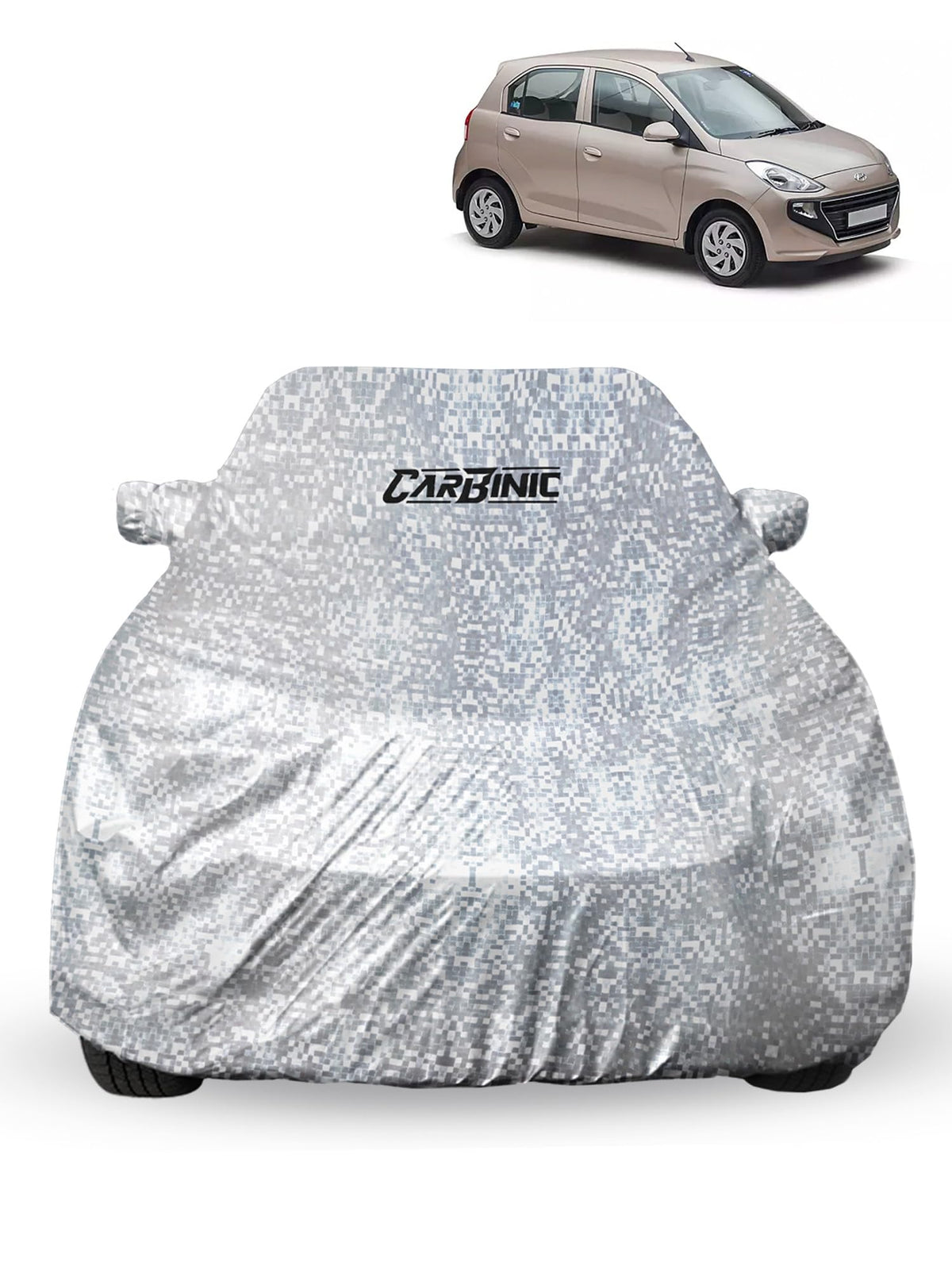 CARBINIC Car Cover for Hyundai Santro2020 Waterproof (Tested) and Dustproof Custom Fit UV Heat Resistant Outdoor Protection with Triple Stitched Fully Elastic Surface | Silver with Pockets