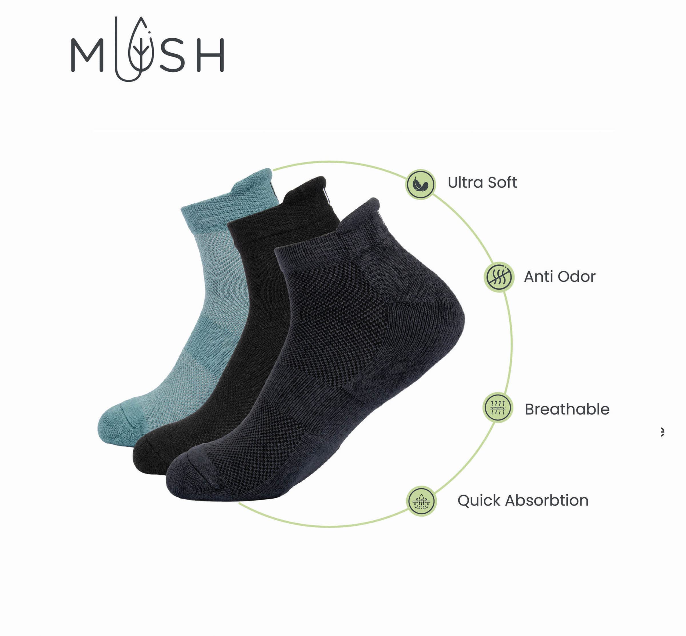 Mush Bamboo Ultra Soft, Anti Odor, Breathable, Anti Blister Ankle Socks for Men & Women for Running, Sports & Gym (Pack of 3) (Dark Grey,Black,Sea Green)