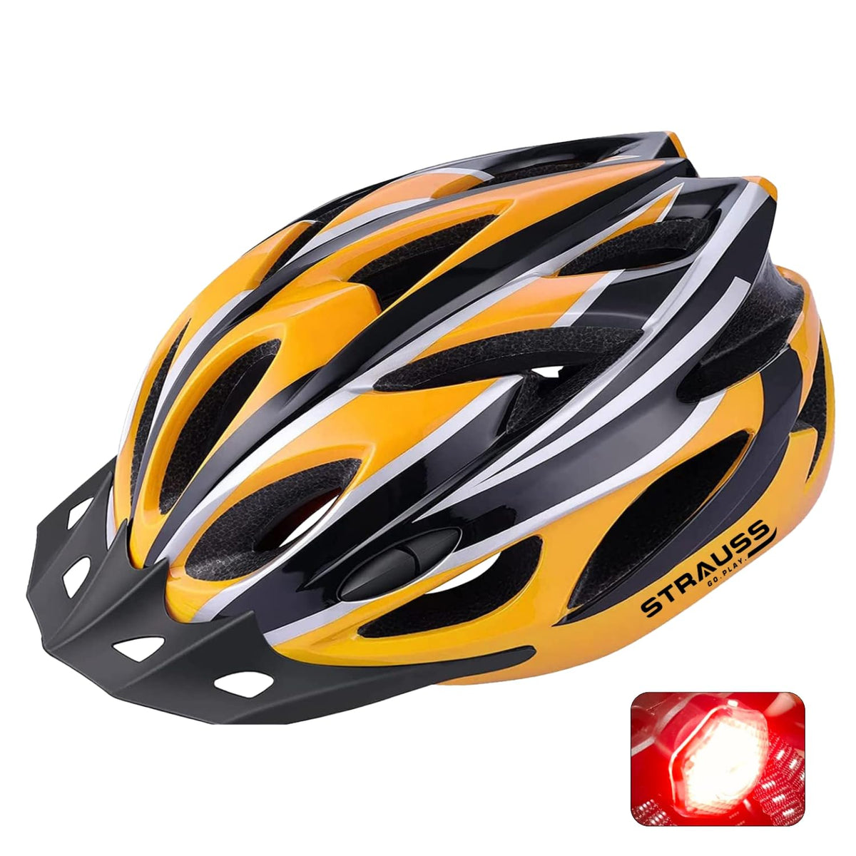 Strauss Adjustable Cycling & Skating Helmet with Detachable Visor & Safety Light | Light Weight with Ventilation | Adjustable Strap, Comfortable Chin Pad | Ideal for Men, Women & Kids (Black/Yellow)