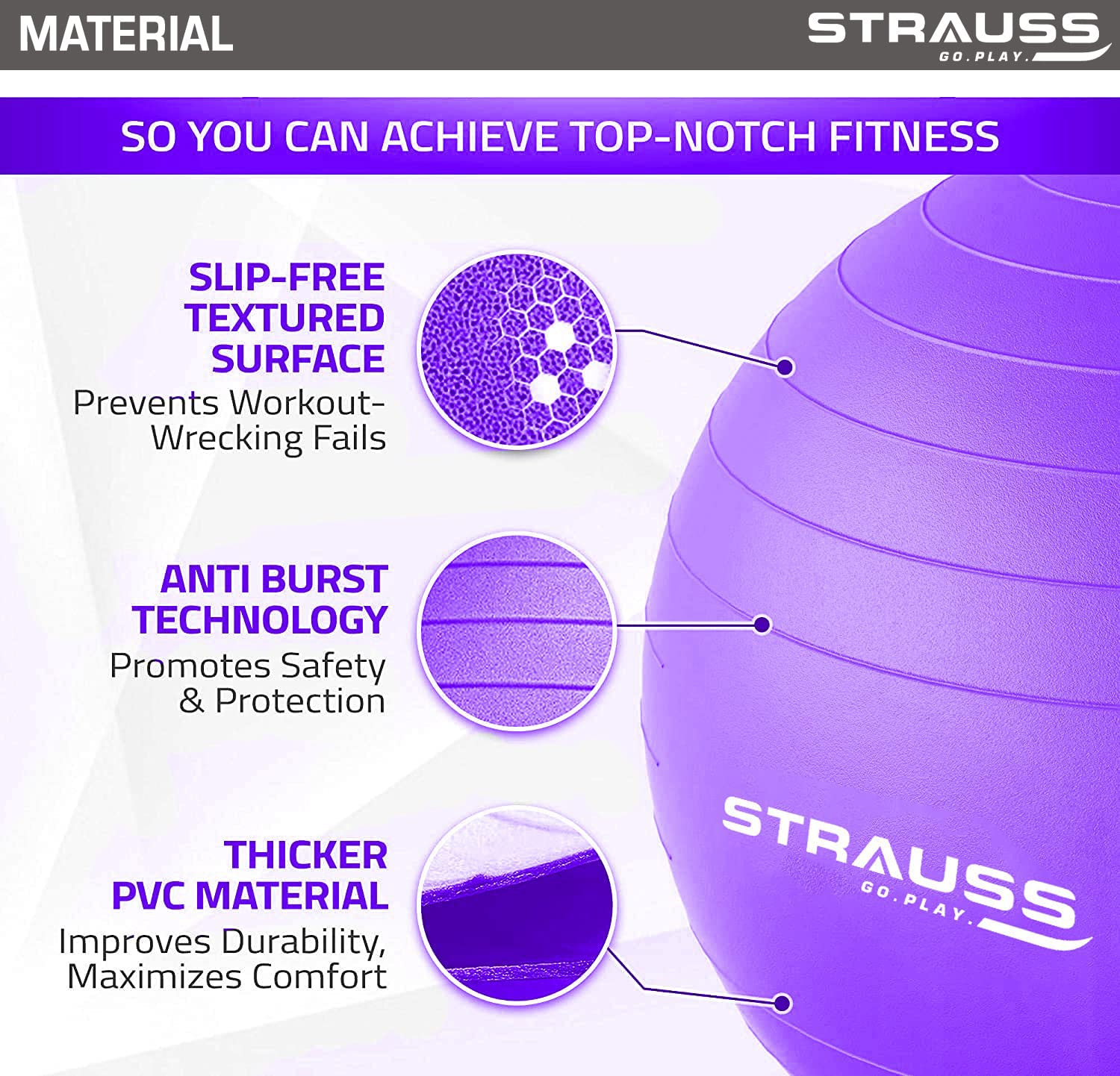 STRAUSS Anti-Burst Rubber Gym Ball with Free Foot Pump | Round Shape Swiss Ball for Exercise, Workout, Yoga, Pregnancy, Birthing, Balance & Stability, 65 cm, (Purple)