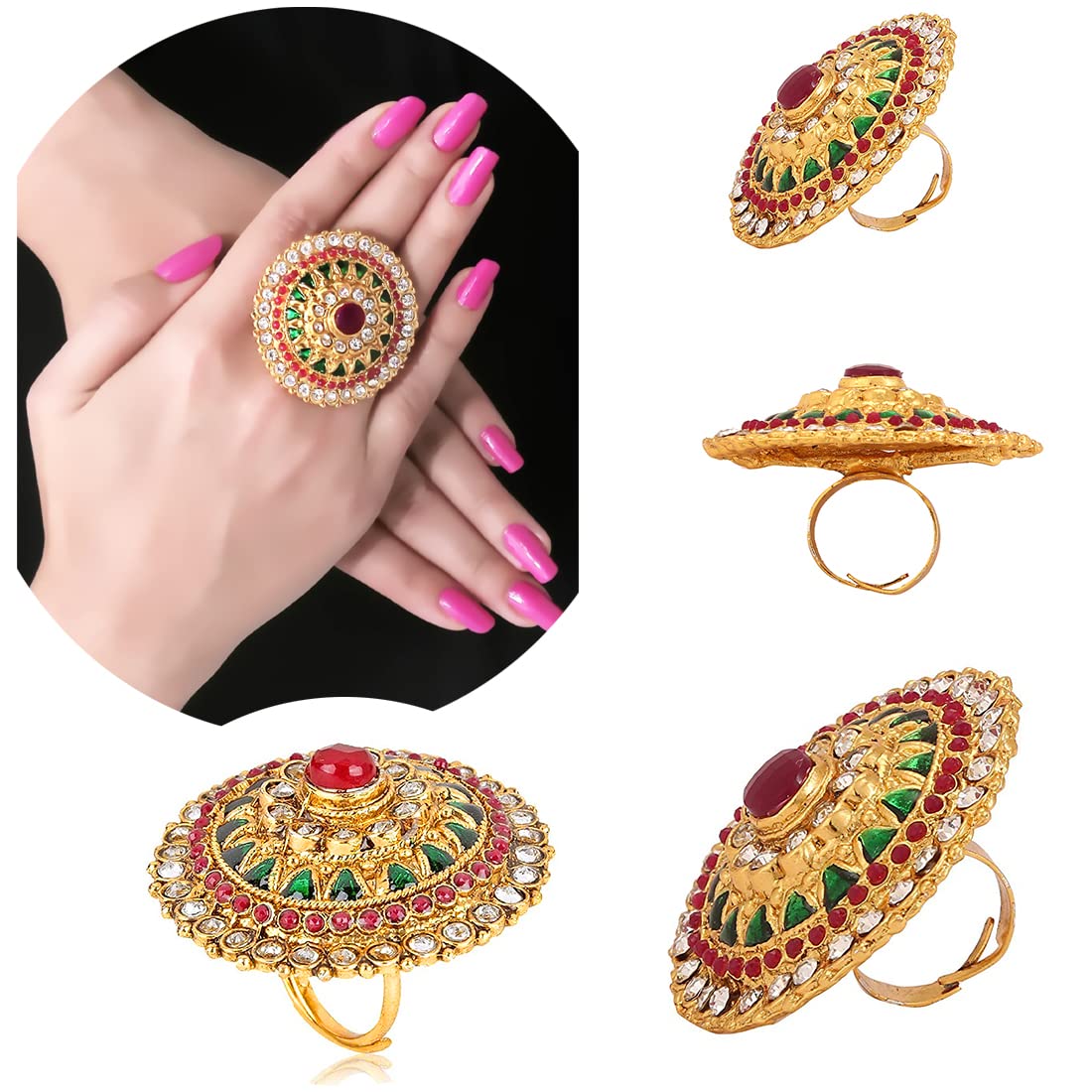 Yellow Chimes Women's Traditional Cocktail Adjustable Stone Gold Plated Stone Studded Big Floral Shaped Finger Ring Pink and Gold