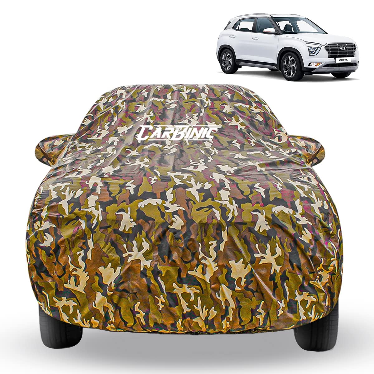 CARBINIC Waterproof Car Body Cover for Hyundai Creta 2022 | Dustproof, UV Proof Car Cover | Creta Car Accessories | Mirror Pockets & Antenna Triple Stitched | Double Layered Soft Cotton Lining, Jungle