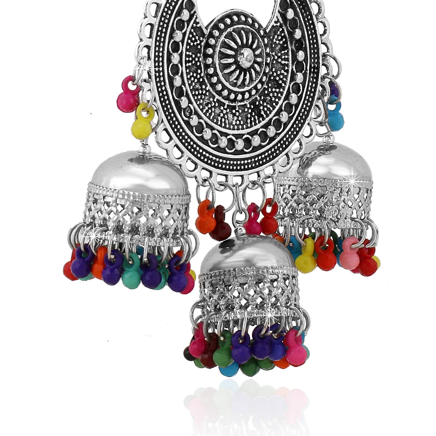 Yellow Chimes Oxidised Earrings for Women Multicolor Silver Oxidised Afghani Navratri Garba Style Traditional Maang Tikka with Jhumka Earrings for Women and Girls