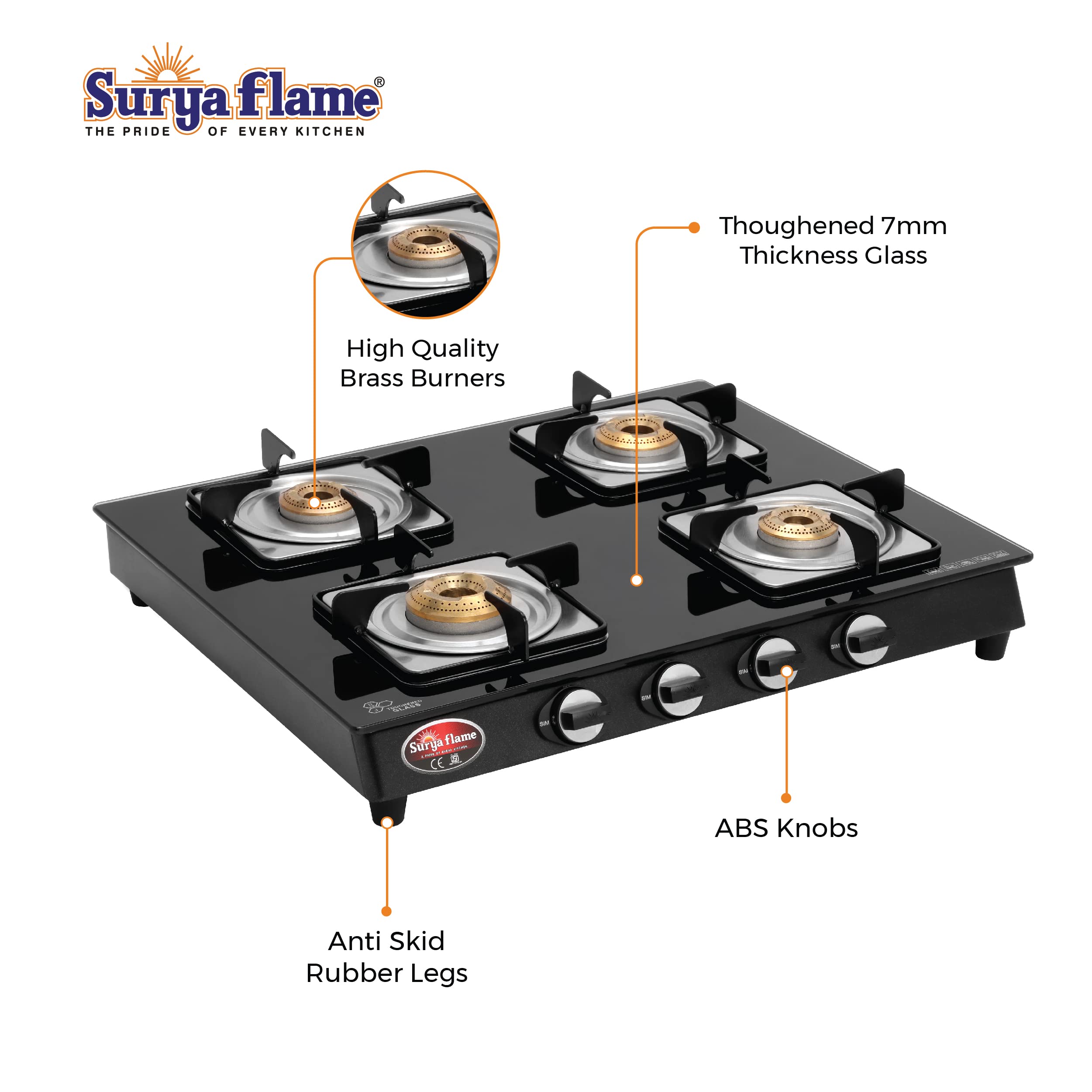 SuryaFlame Nexa LPG Gas Stove | Gas Stove 4 Burners | Glass Top With Stainless Steel Body | 2 Years Complete Door Step Warranty Including Glass - Black(Pack of 2)