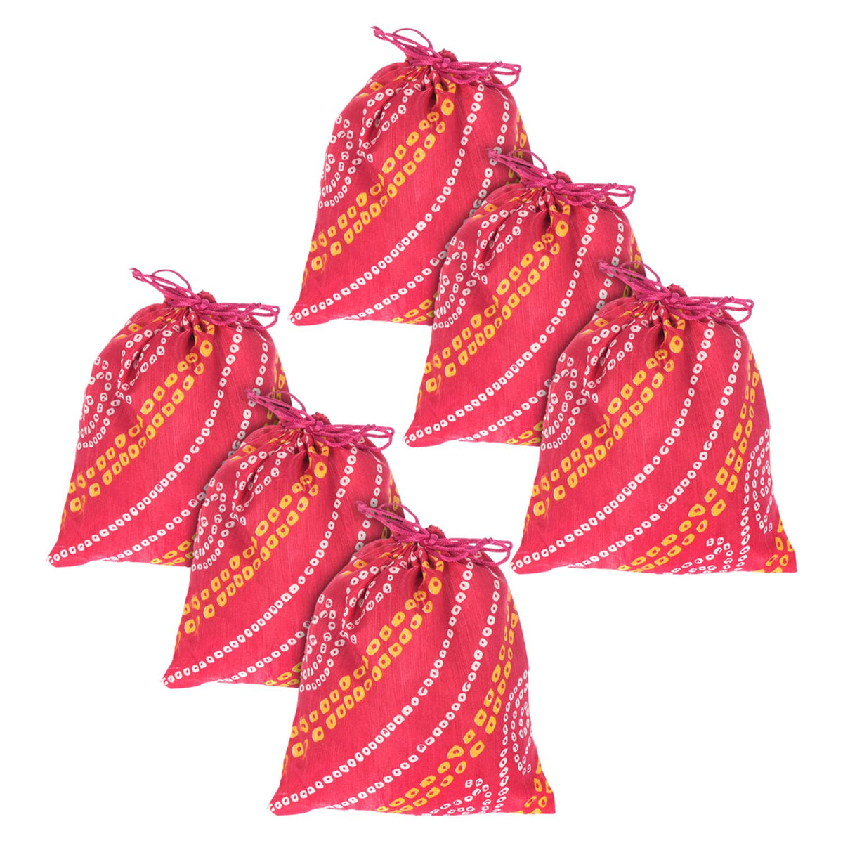 Kuber Industries Bandhej Print Potli Bag for Small Accessories, Money, Bindi With Drawstring Set of 6 (Pink)