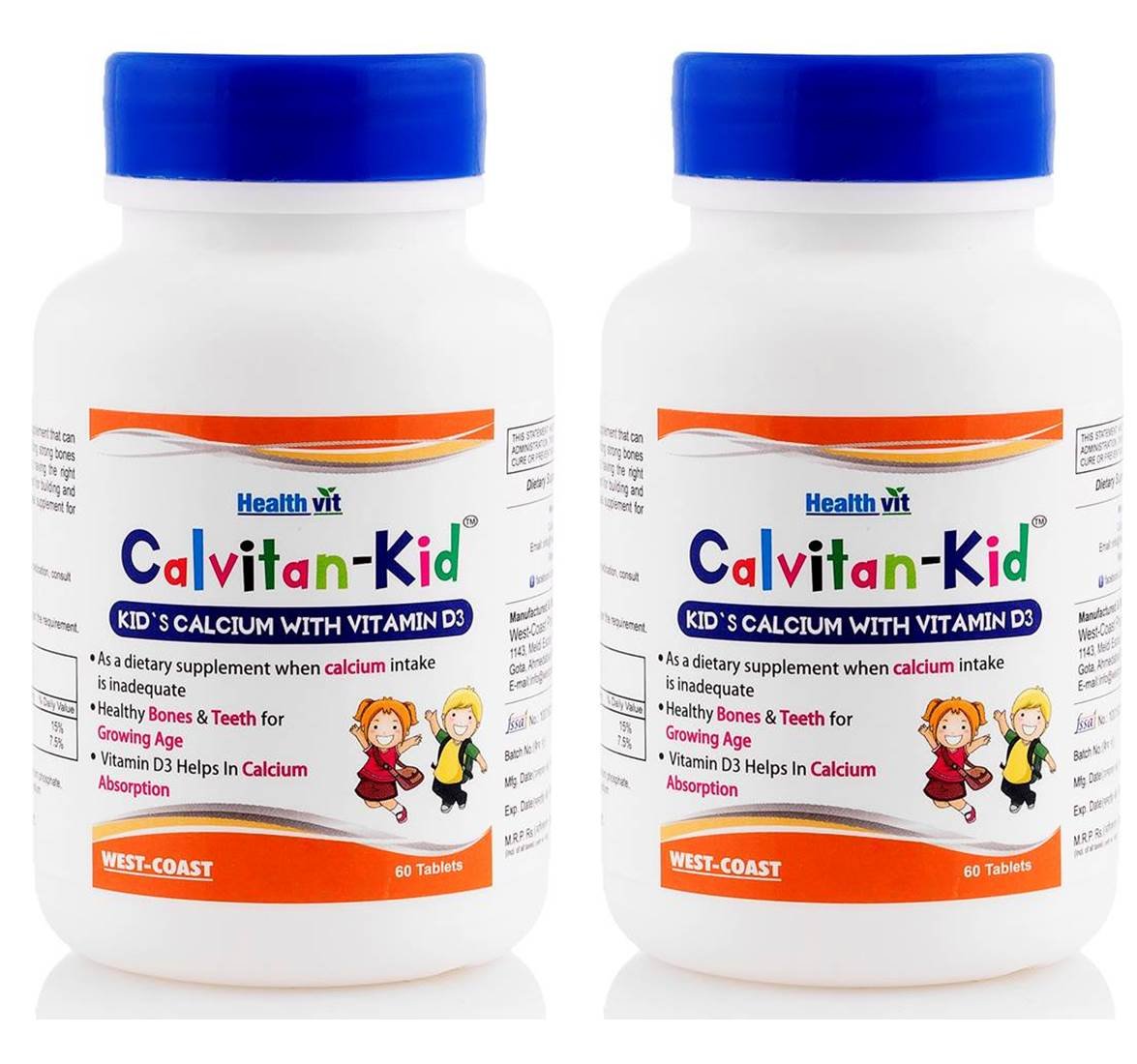 Healthvit Calvitan-KID Kid's Calcium with Vitamin D Tablets For Kids- 2 Pack |Vitamin D Supplement For Strong Teeth and Bones - 60 Tablets