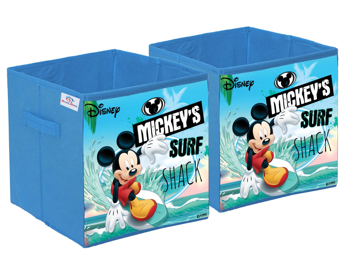 Heart Home Disney Mickey Surf Print Durable & Collapsible Square Storage Box|Clothes Organizer With Handle,Pack of 2 (Sky Blue)