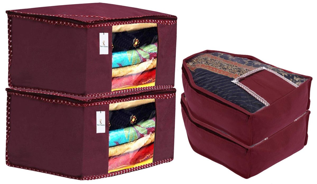 Kuber Industries Non Woven 2 Pieces Saree Cover/Cloth Wardrobe Organizer and 2 Pieces Blouse Cover Combo Set (Maroon) CTKTC045339