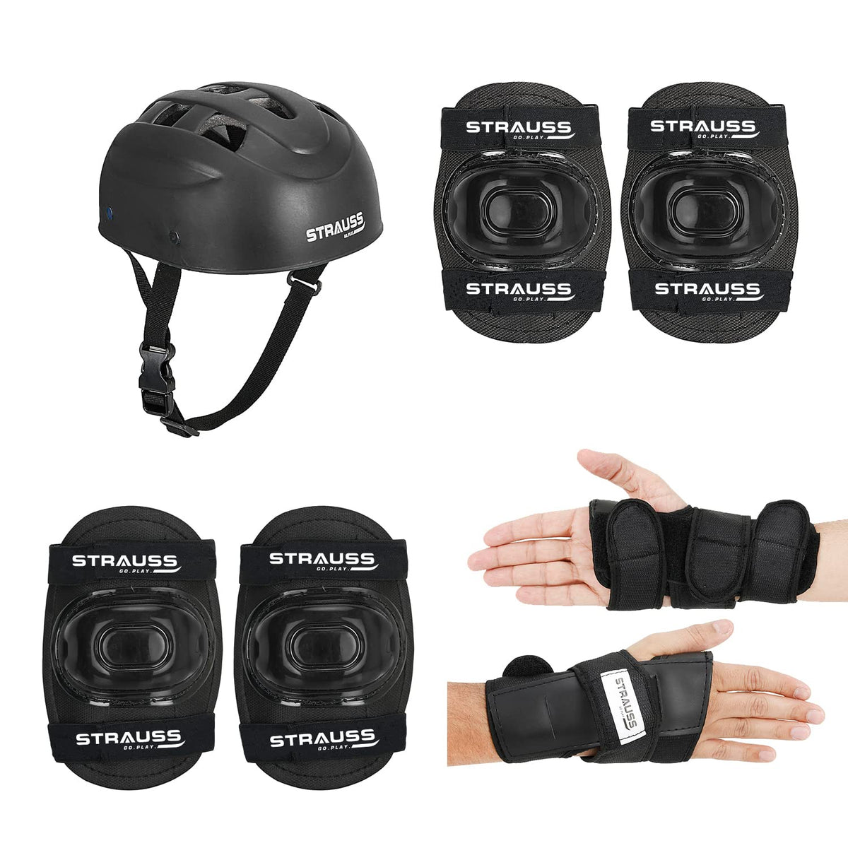 Strauss Professional All-in-One 4 Piece Protective Set for Roller Skating| Skateboarding, Inline Skating, Cycling & Running for Boys & Girls| Size Sub-Junior, (Black)