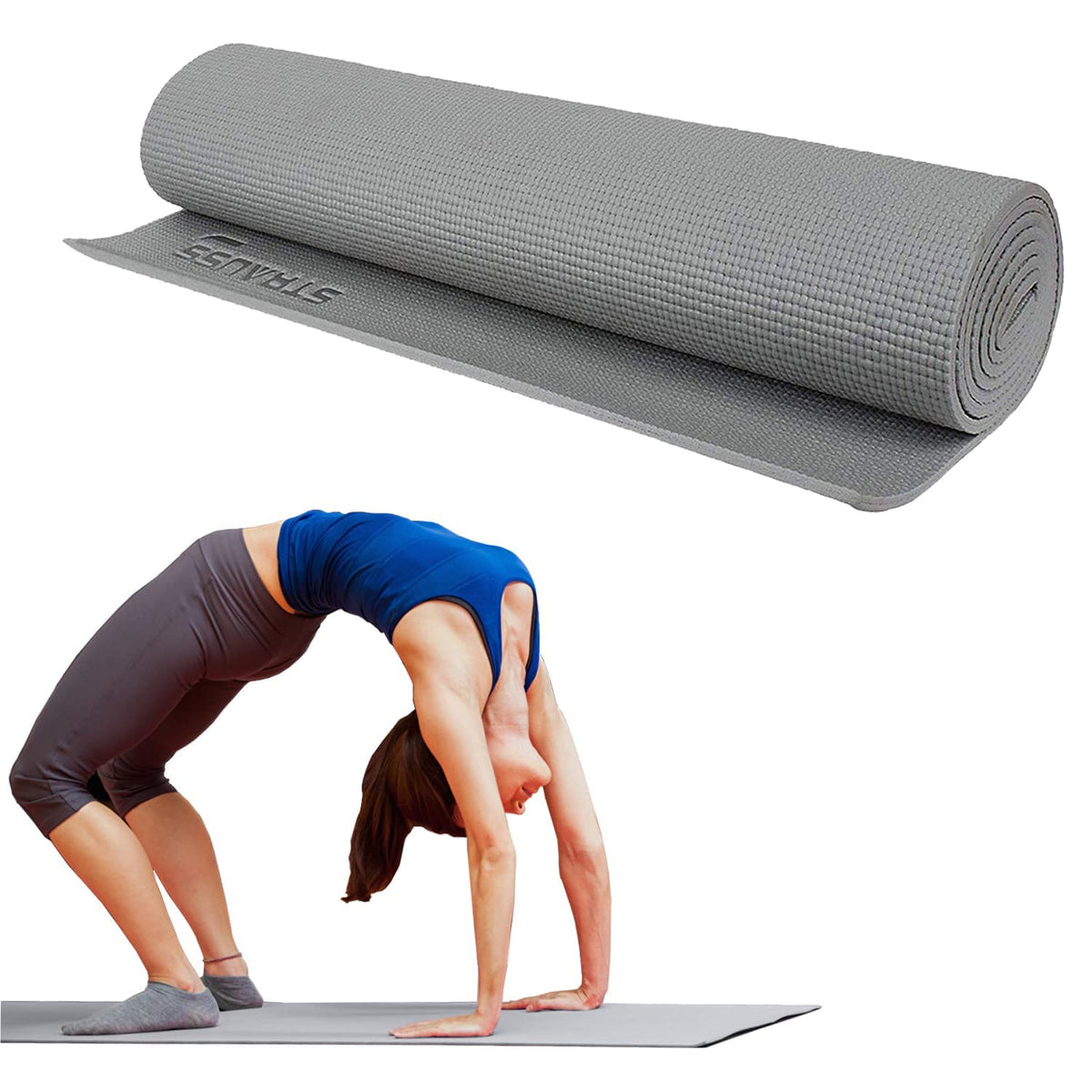 Strauss Multi-Purpose Yoga Mat with Carry Bag|Eco-friendly Anti-Slip Exercise & Fitness Yoga Mat for Men & Women|Home Gym Mat for Workout,Yoga,Pilates & Floor Exercises|Sizes: 4mm/6mm/8mm,(Grey)