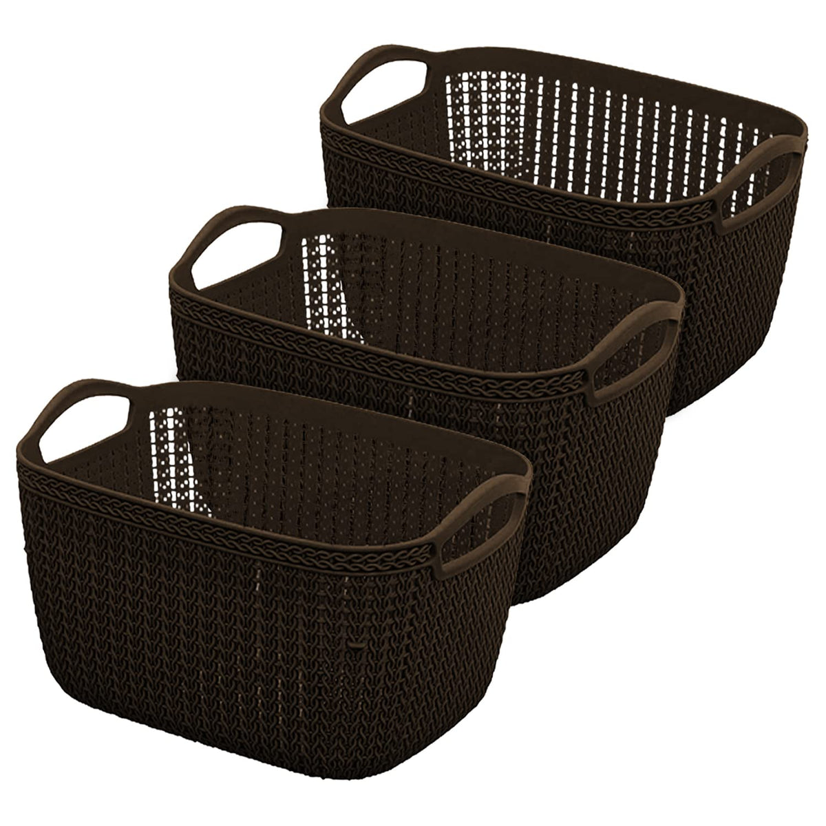 Heart Home Q-6 Designer Plastic Storage Basket For Store Fruits, Vegetables, Magazines, Cosmetics, Stationary Pack of 3 (Brown)-50HH01678