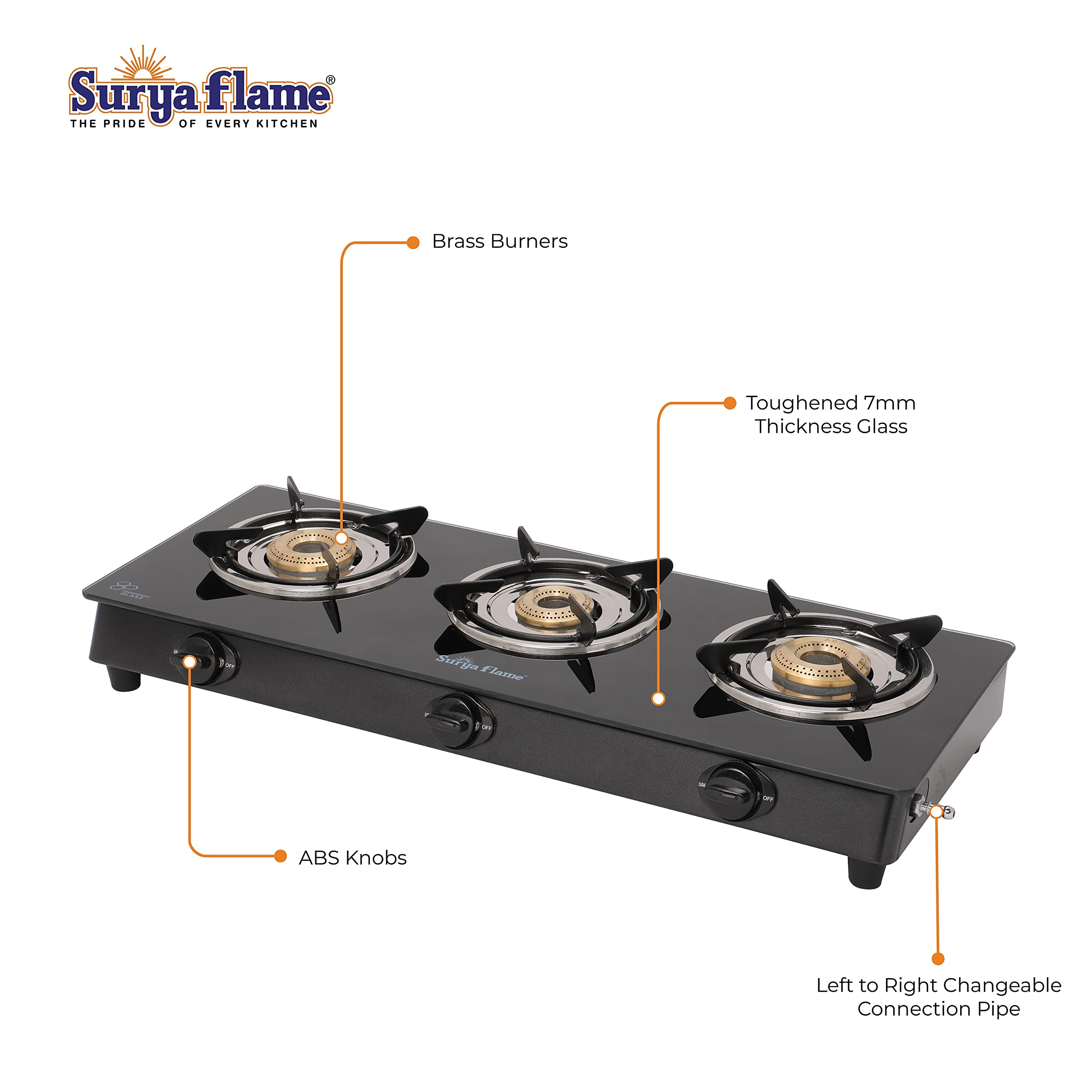 Surya Flame Lifestyle Gas Stove Glass Top | Powder Coated Black Body LPG Stove with 69% Thermal Efficiency - 2 Years Complete Doorstep Warranty (3 Burner, 2)