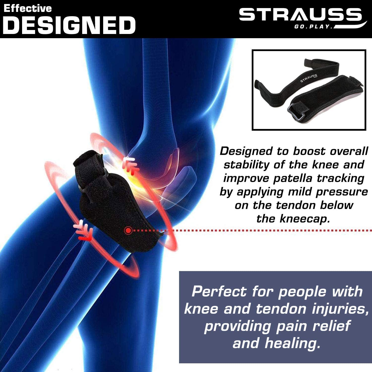 STRAUSS Adjustable Knee Support Patellar |knee support for men and women|knee cap|Knee brace|Knee Guard |Knee Cap|Knee pain relief |Knee belt|Joint pain relief |Single Strap (Free Size, Black)