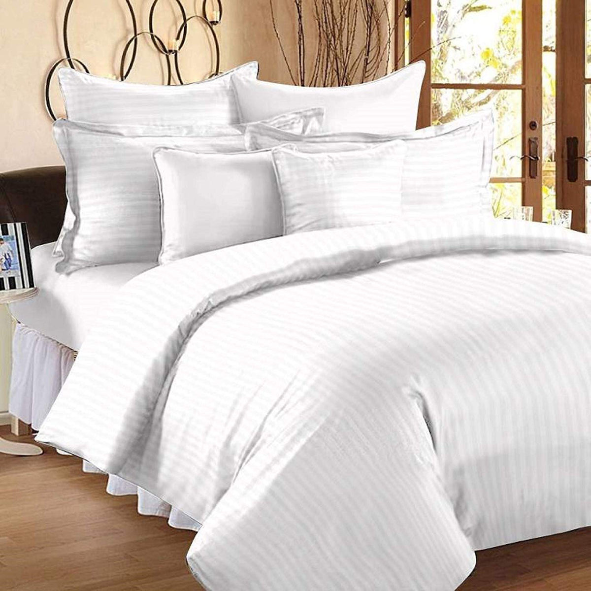 Kuber Industries Cotton Double Bedsheet with 2 Pillow Covers, Satin Stripes (White)-CTKTC30054