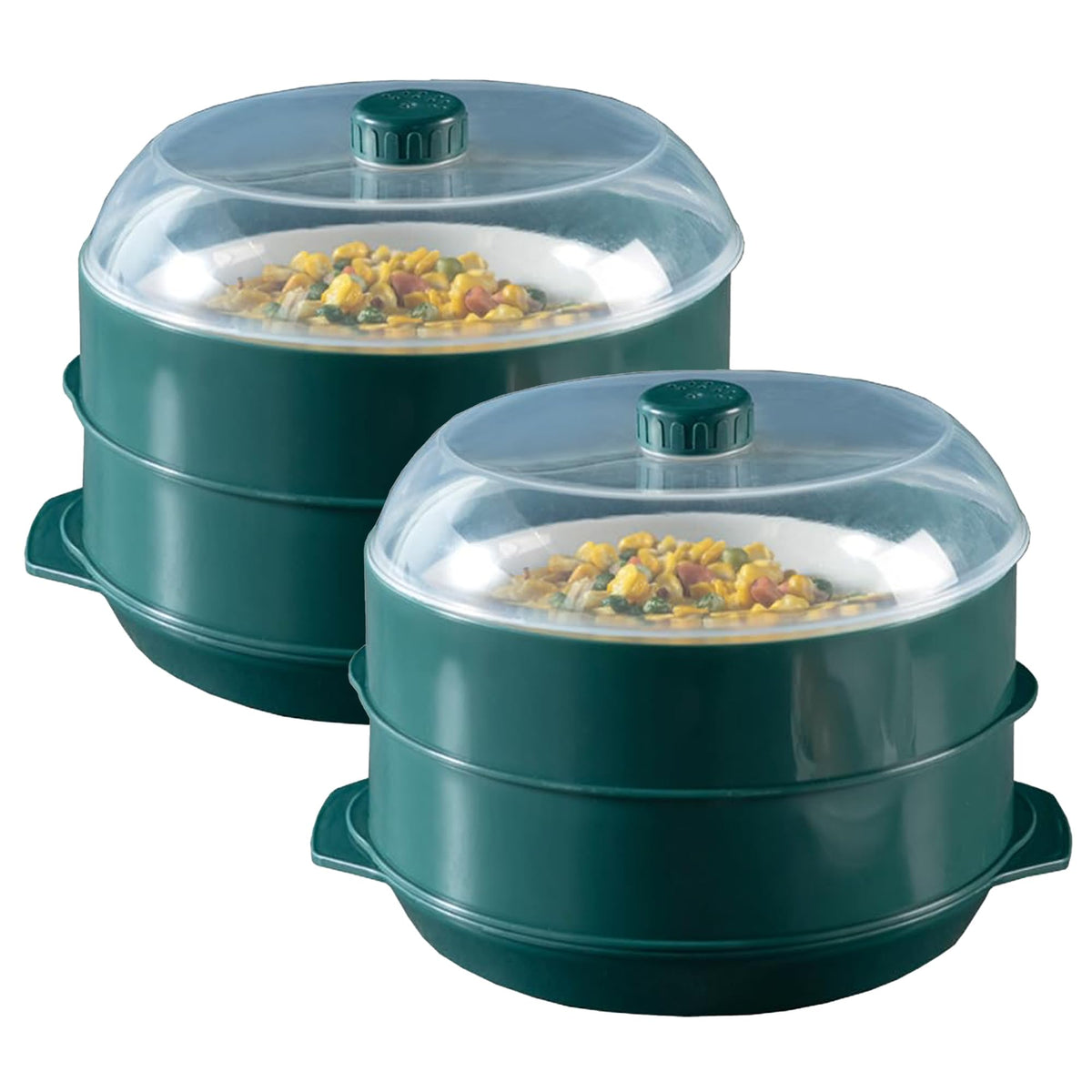 Kuber Microwave Oven Steamer| Microwave Pot pan| Microwave Safe Set| Microwave Containers (1 Cover +2 Box +1 Base) | KUSH121| (Green Set of 2)