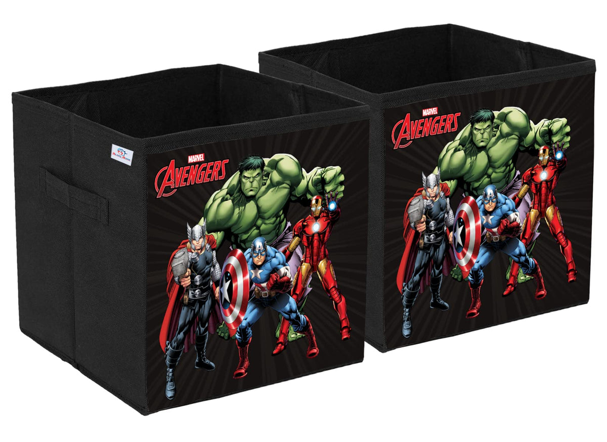 Heart Home Marvel Avengers Print Durable & Collapsible Square Storage Box|Clothes Organizer With Handle,Pack of 2 (Black)